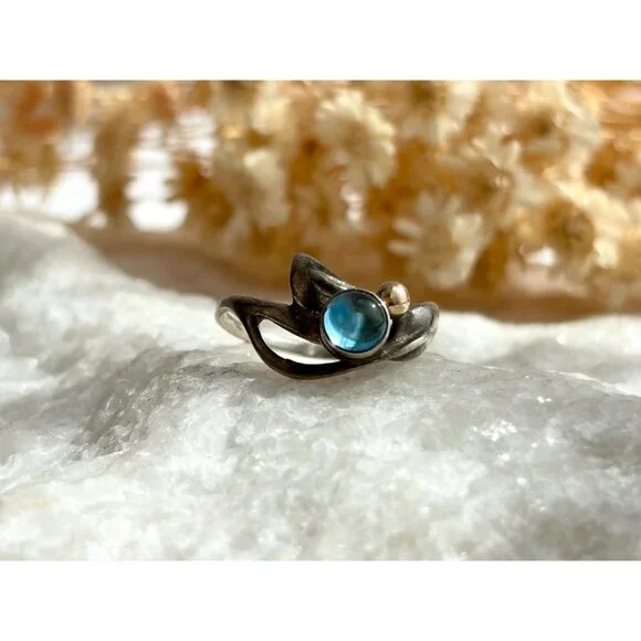London Blue Topaz Ocean Drop 14k Accents Sterling Silver 925 Vintage Ring - sz 5